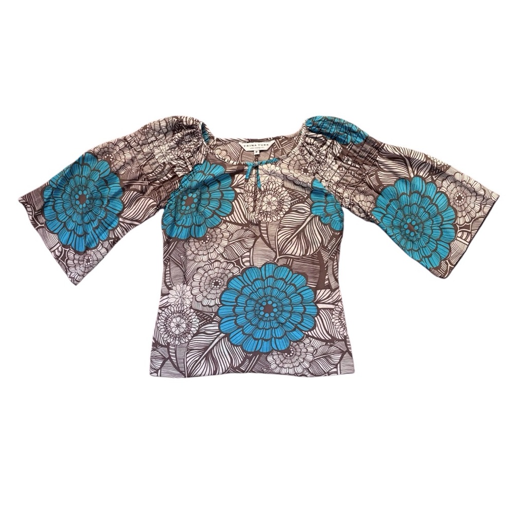 Trina Turk  100 % Silk Blouse Petite Size P Boho 3/4 Sleeve‎ Floral Blue